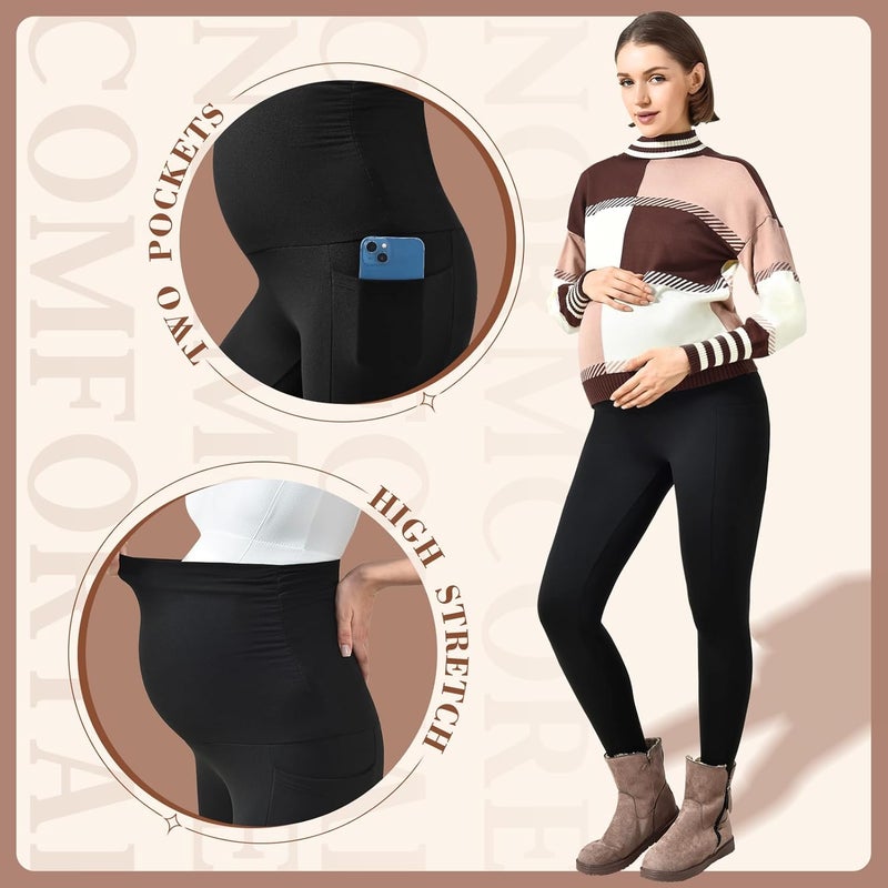 Walifrey Women's Maternity Fleece Lined Leggings with Pockets Over The Belly,Thermal Pregnancy Yoga Pants - Image 2